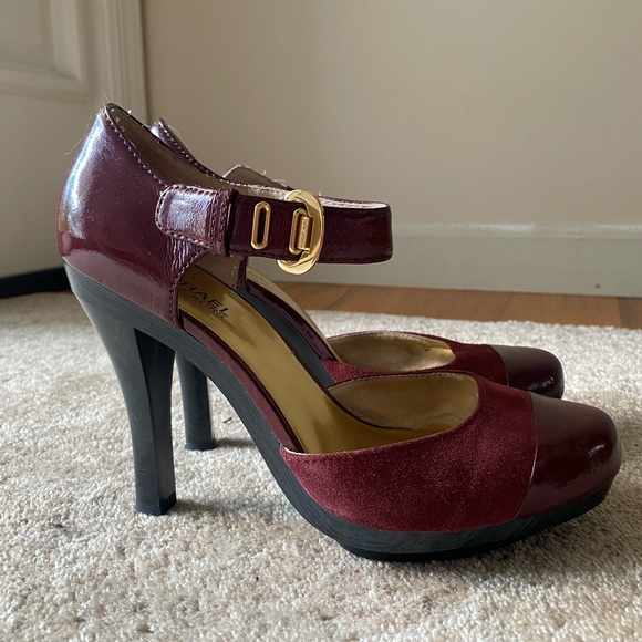 Michael Kors Burgundy Deep Red Patent Leather & Suede Maryjane Heels - Picture 7 of 9